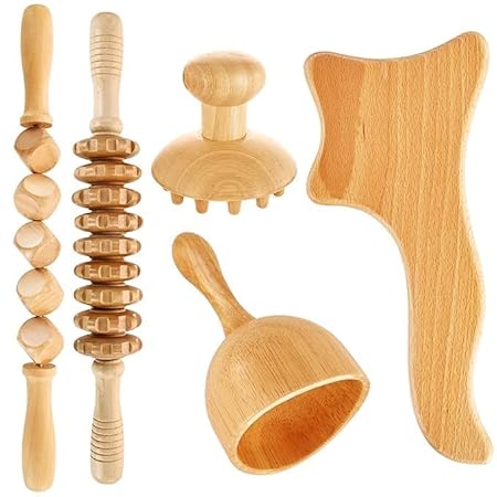 5 In 1 Wood Therapy Massage Tools, Maderoterapia Kit, Wooden Body Gua Sha Tool Set, Lymphatic Drainage Massager Anti Cellulite Fascial Massage Roller Stick for Body Shaping,Muscle Back Leg Pain Relief