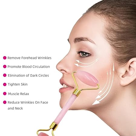 Roller & Gua Sha Tool 100% Natural Himalayan Stone Facial Massager for Face Neck Healing Skin Wrinkles & Serum Application (Pink)