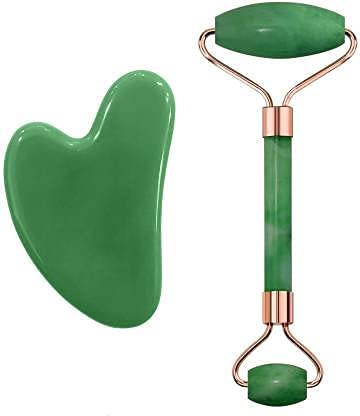 Gua Sha Facial Tool, Jade Guasha Scraping Manual Massage Stone Board for Face Body Skin Spooning/SPA/Neck Relax/Soft Tissues (Green Roller & Gua Sha)