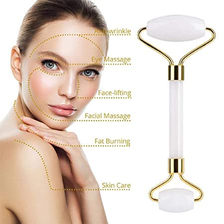 Jade Double Sided Face Roller & Gua Sha Scraping Facial Massager Sourced from Highest Altitude of Himalaya (Grade Stone) (White)