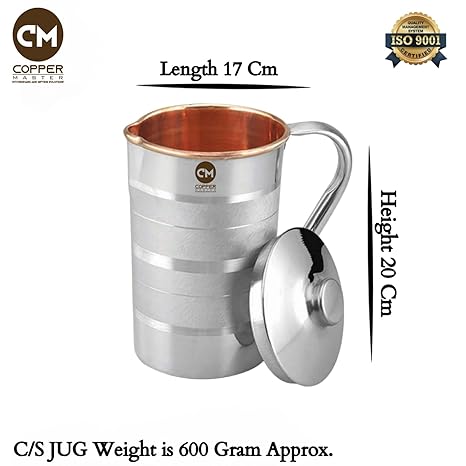 Copper-Master Handmade1.6 Litre Water Jug for Healthy Hydration Copper Steel Water Jug with Stainless Steel Outer and Inside Pure Copper with Many Ayurvedic Health Benefits (1500ML)