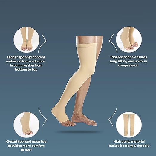 Unisex Varicose Vein Stockings, Open Toe knee length Sleeves, Mid Thigh Medical Compression Socks for Anatomical Shape, Swollen, Tired, Aching Legs, Pain Relief Etc. (Small)