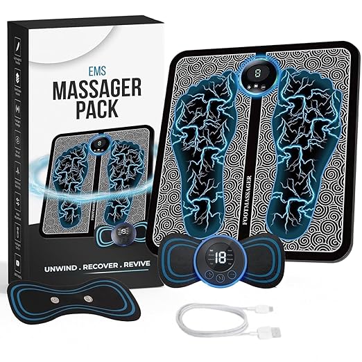 (Combo) Foot Massager Pain Relief Wireless Electric EMS Massage Machine,Rechargeable Portable Folding Automatic with 8 Mode19 Intensity for Legs,Body,Hand Therapy New Model-2025 & Body Massager (BLACK)
